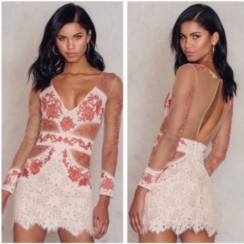 For Love & Lemons Matador Tulle Floral Lace Mini Dress Pink